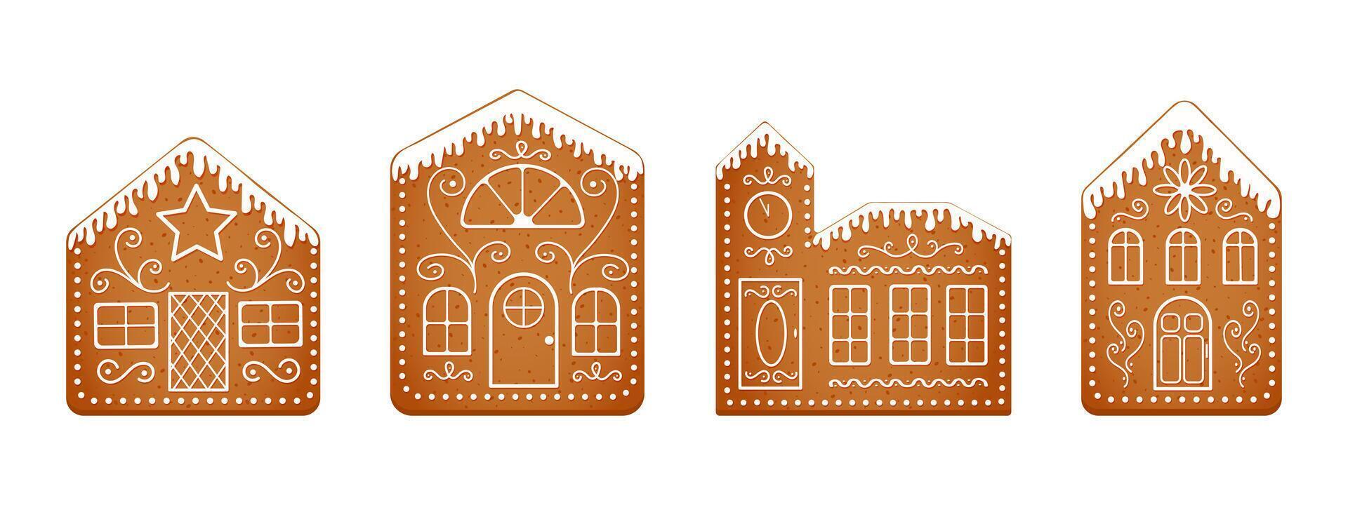 Set of gingerbread house cookies with icing glazed roofs. Cute ginger bread town isolated on white background. Christmas pastries. New Year sweet treats. cartoon illustration vector