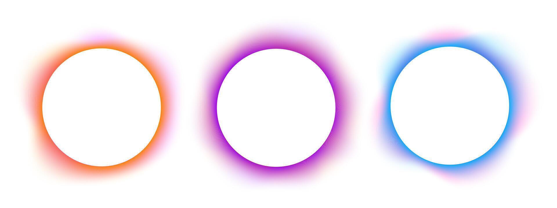 Set of blurry round frames. Collection of circle shapes with colorful neon gradient borders isolated on white background. Abstract design elements with empty space. illustration vector
