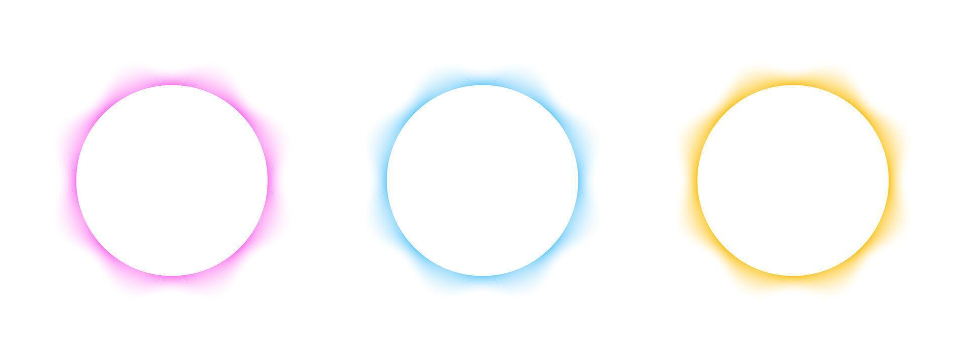 Set of blurry round frames. Circle shapes with pink, blue and yellow neon gradient borders isolated on white background. Abstract design elements or web banners with empty space. illustration vector