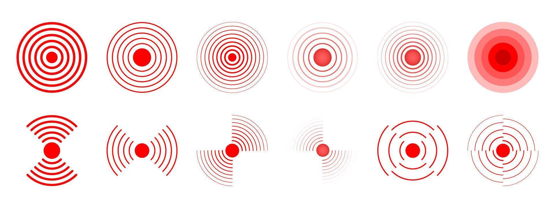 Pain localization icons. Red concentric circles. Sore or inflammation symbols. Pulse or headache signs. Shockwave, radar or sound signal pictograms isolated on white background. illustration vector