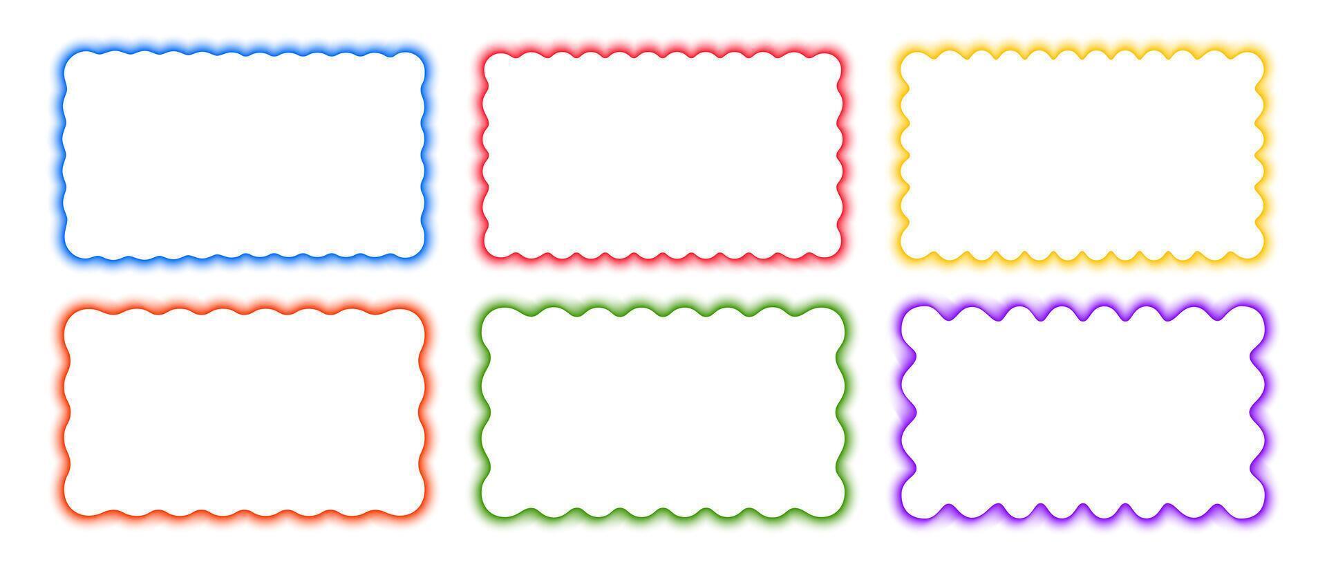 Set of colorful rectangle frames with wavy borders. Undulated rectangular shapes with blurry neon effect. Empty text box or web banner templates with soft gradient edges. illustration vector