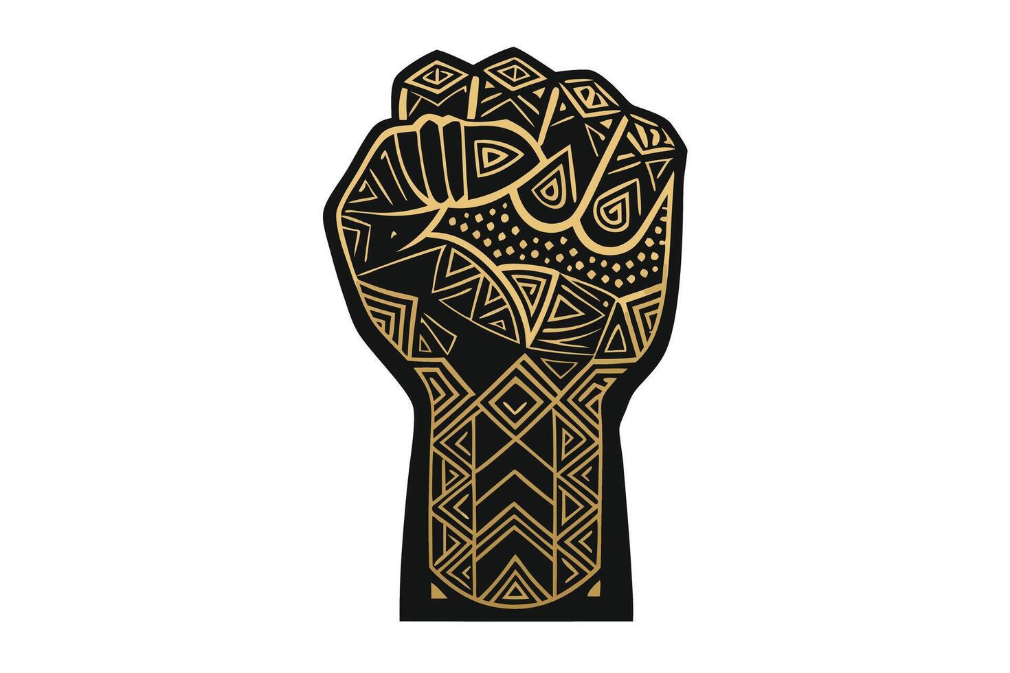 Black and gold raised fist with tribal geometric patterns, a powerful icon of unity and strength Black History Month vector