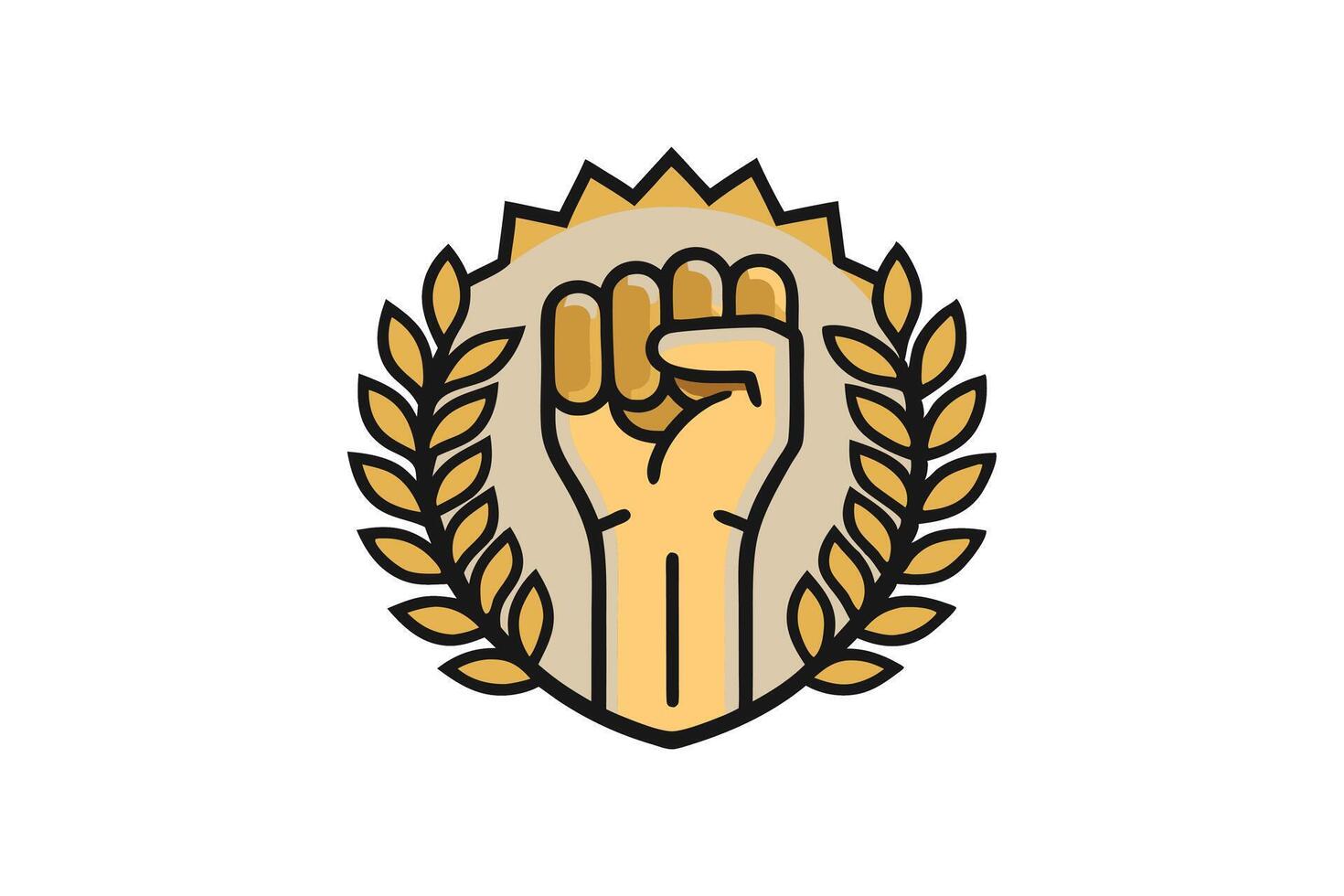 Minimalist Black History Month emblem with a raised fist, golden laurel wreaths, and radiant sunburst representing equality and pride vector