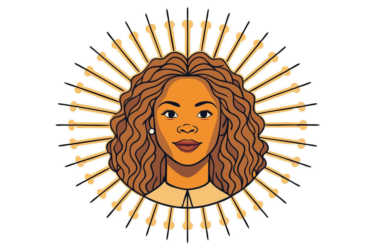 Stylized depiction of an African American woman, highlighting strength and beauty with radiant sunbursts and intricate detail Black History Month vector