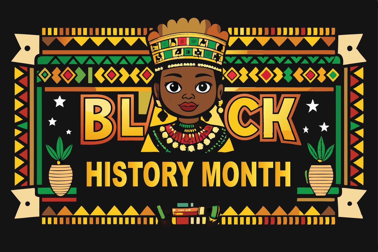Illustration of a black history month banner with Afrocentric motifs, cultural textiles, and a striking African queen illustration vector