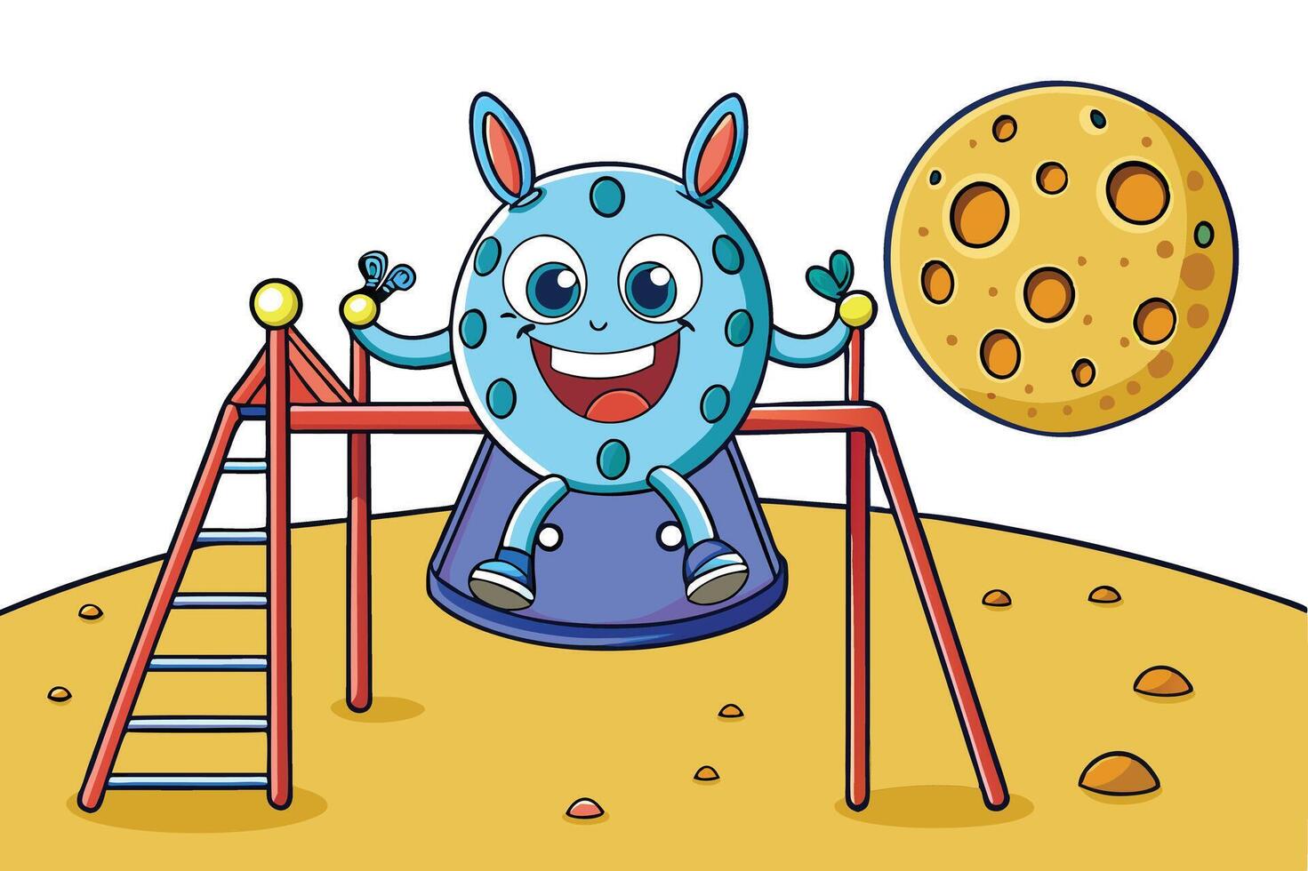Cartoon alien with big ears having fun on a playground, surrounded by bright colors and whimsical designs for children vector