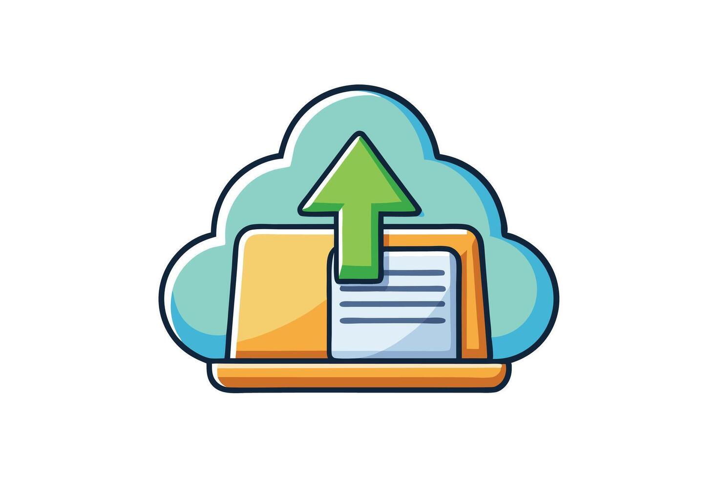 Illustration of a digital cloud upload icon featuring an upward green arrow and folder, ideal for technology and data concepts vector