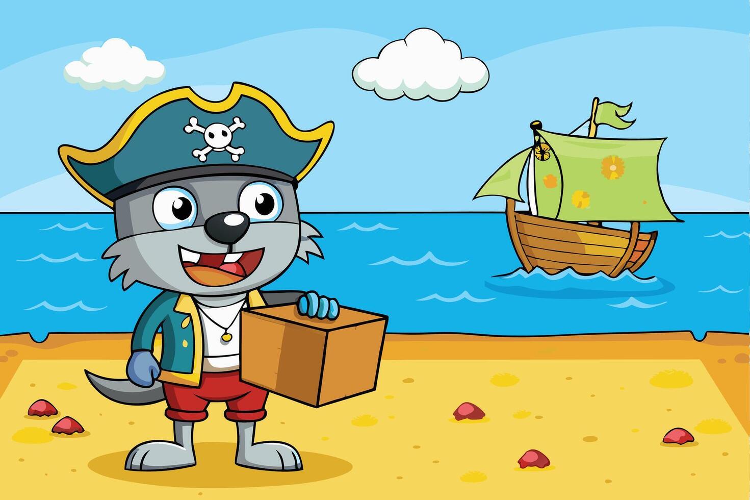 Cheerful talking animal dressed as a pirate holding treasures and standing on a tropical beach with a ship in the background vector