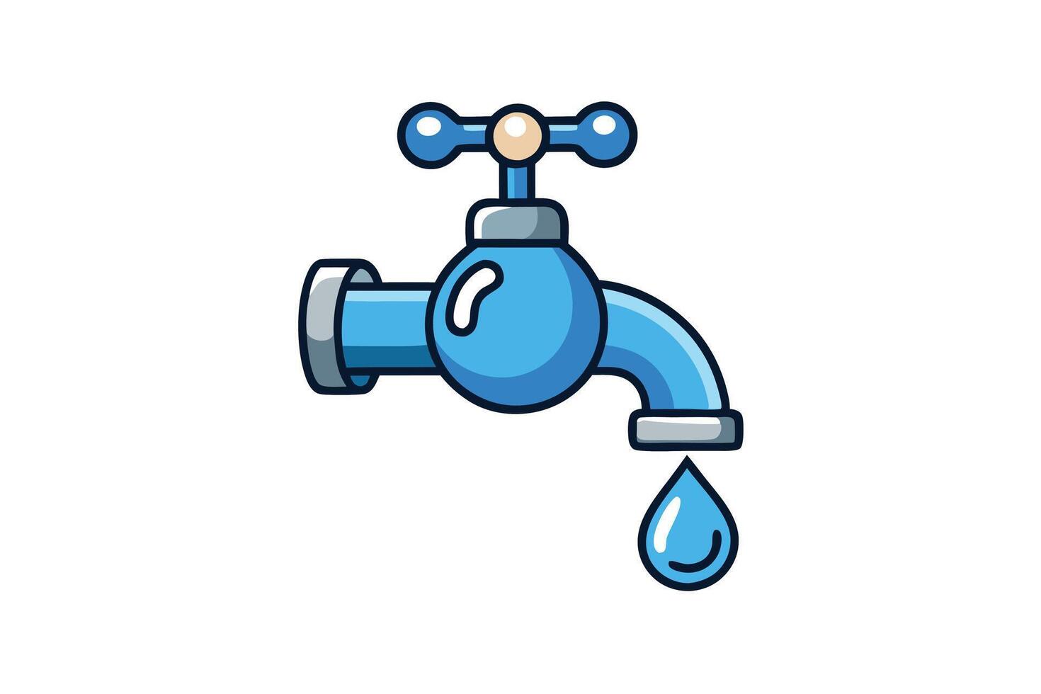 Illustration of a classic blue water faucet dripping a single droplet, isolated on a white background, representing plumbing and water conservation vector