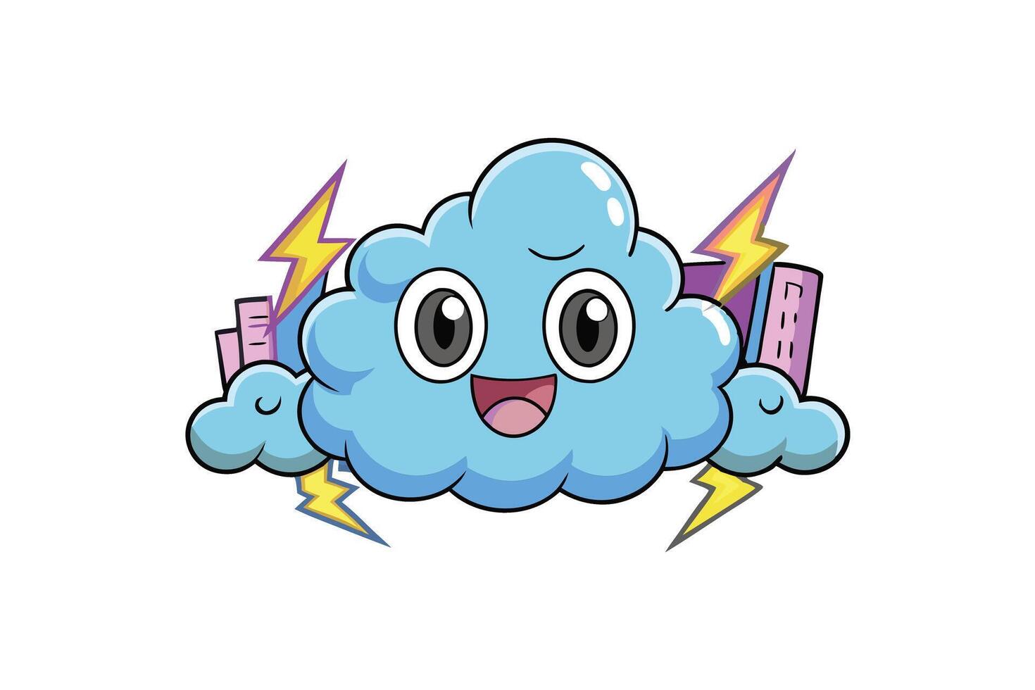 Playful animated cloud with a cheeky face emitting lightning bolts in a vibrant urban cartoon environment vector