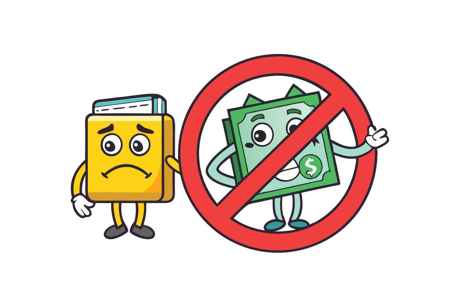 Cartoon style no cash or no tax icon featuring a sad dollar bill and a red prohibition sign, ideal for financial, banking, or tax related themes vector