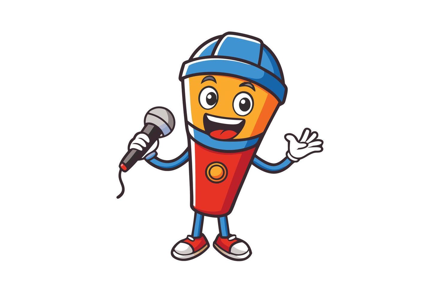 Cartoon style microphone character holding a mic, designed for karaoke, singing, or entertainment related themes in a playful graphic style vector