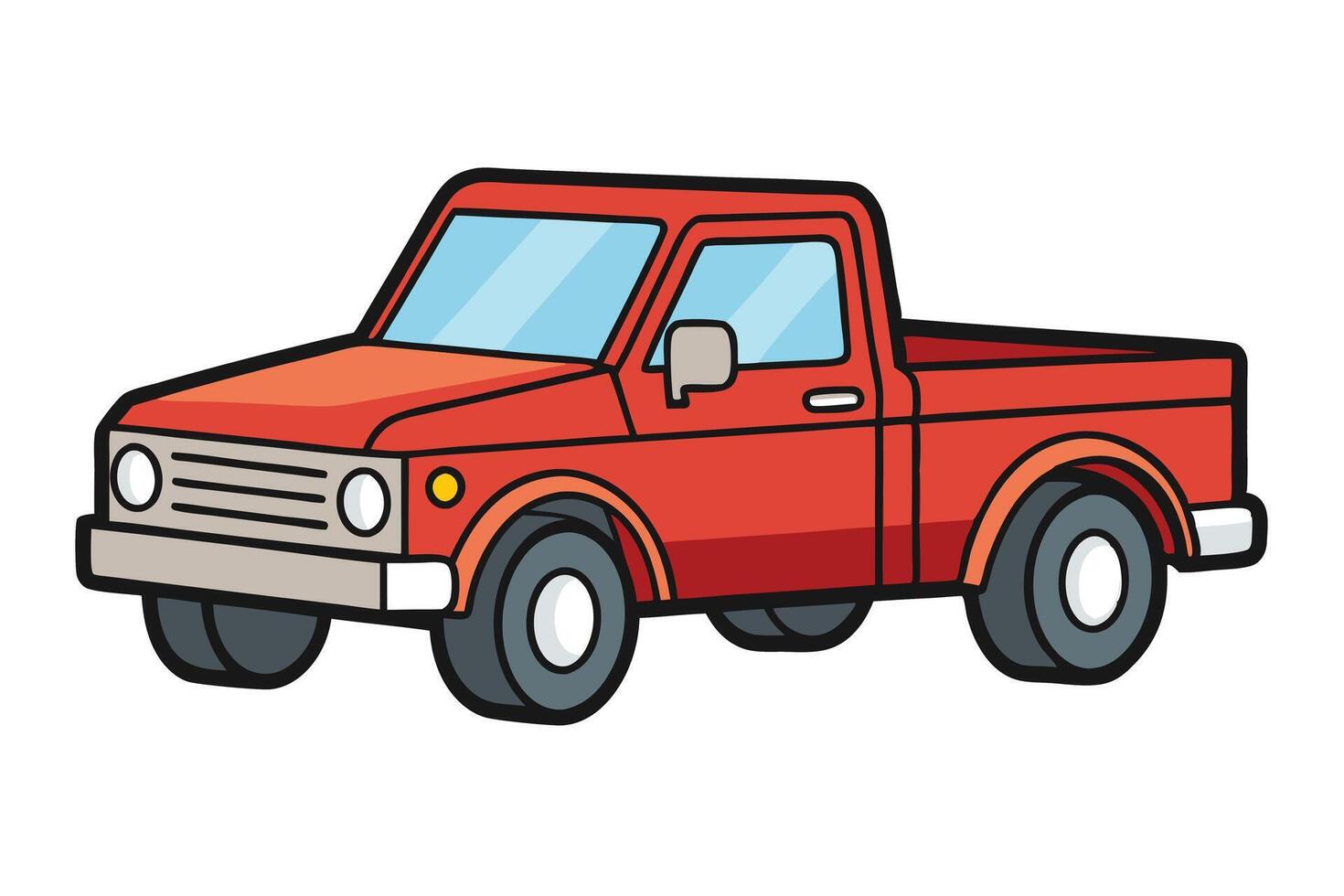 Side view of a colorful red pickup truck in cartoon style, perfect for transportation themes or childrens illustrations and designs vector