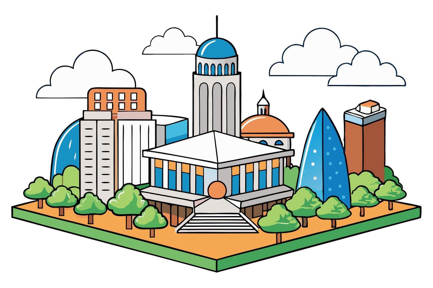 Lively city illustration showcasing skyscrapes, greenery, and a clear blue sky, emphasizing urban planning and creativity vector