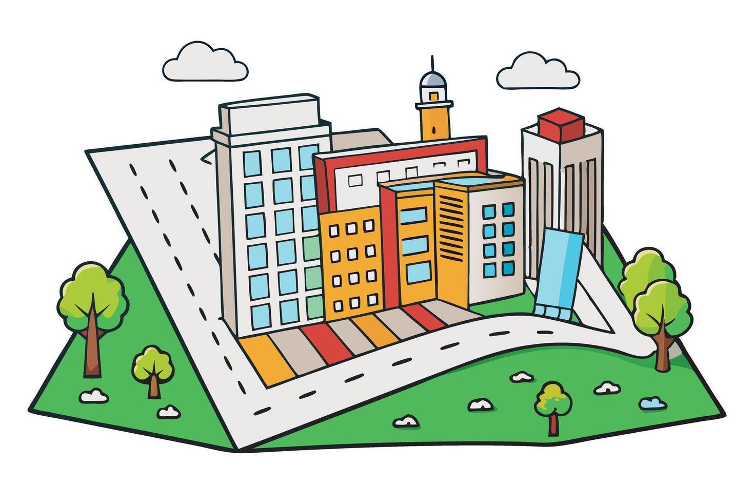 Whimsical urban city drawing with detailed architecture, green spaces, and a vibrant design inspired by modern cityscapes vector