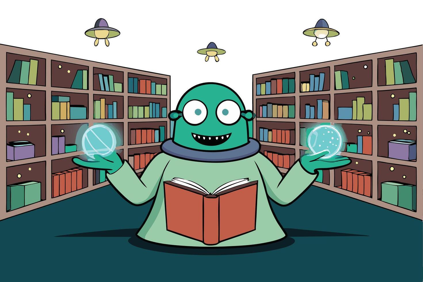 Chubby green alien librarian reading a book with glowing hands in a futuristic library filled with colorful books and creative elements vector