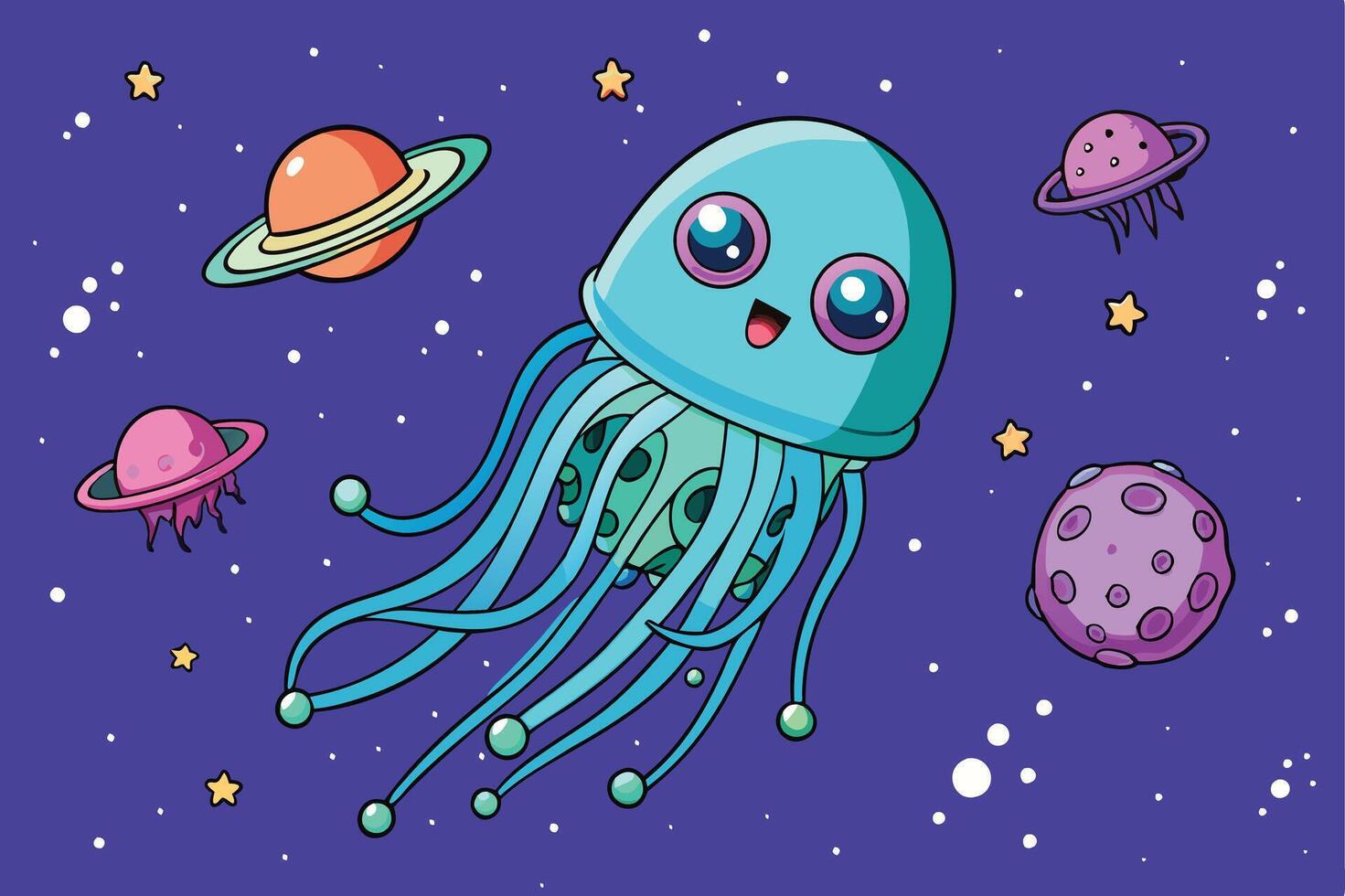 Cartoon jellyfish like space creature with translucent tentacles exploring a fantastical galaxy with planets, moons, and glowing stars vector