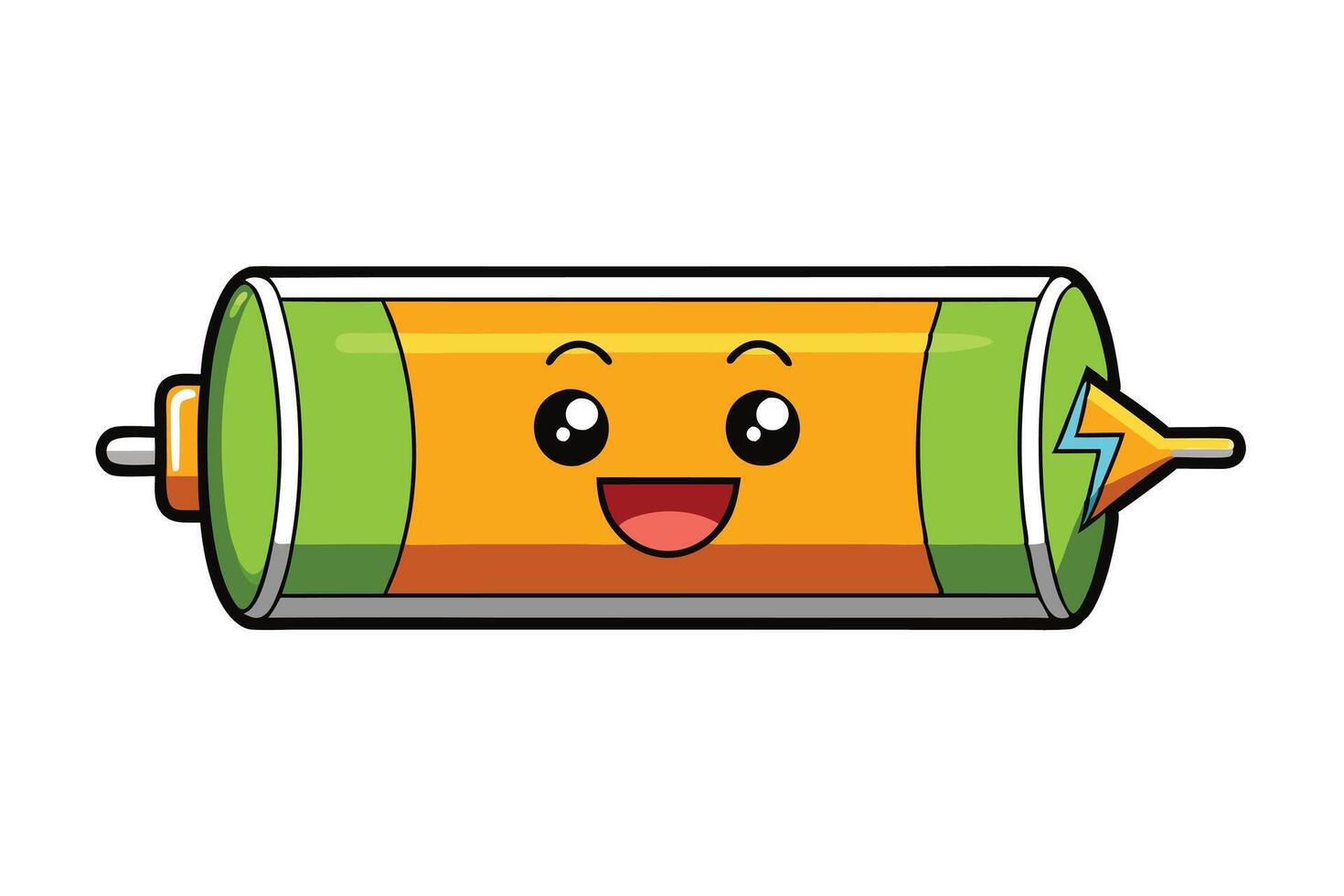 Illustration of a cheerful battery with a full green charge, smiling face, and lightning symbol in a minimalistic design vector