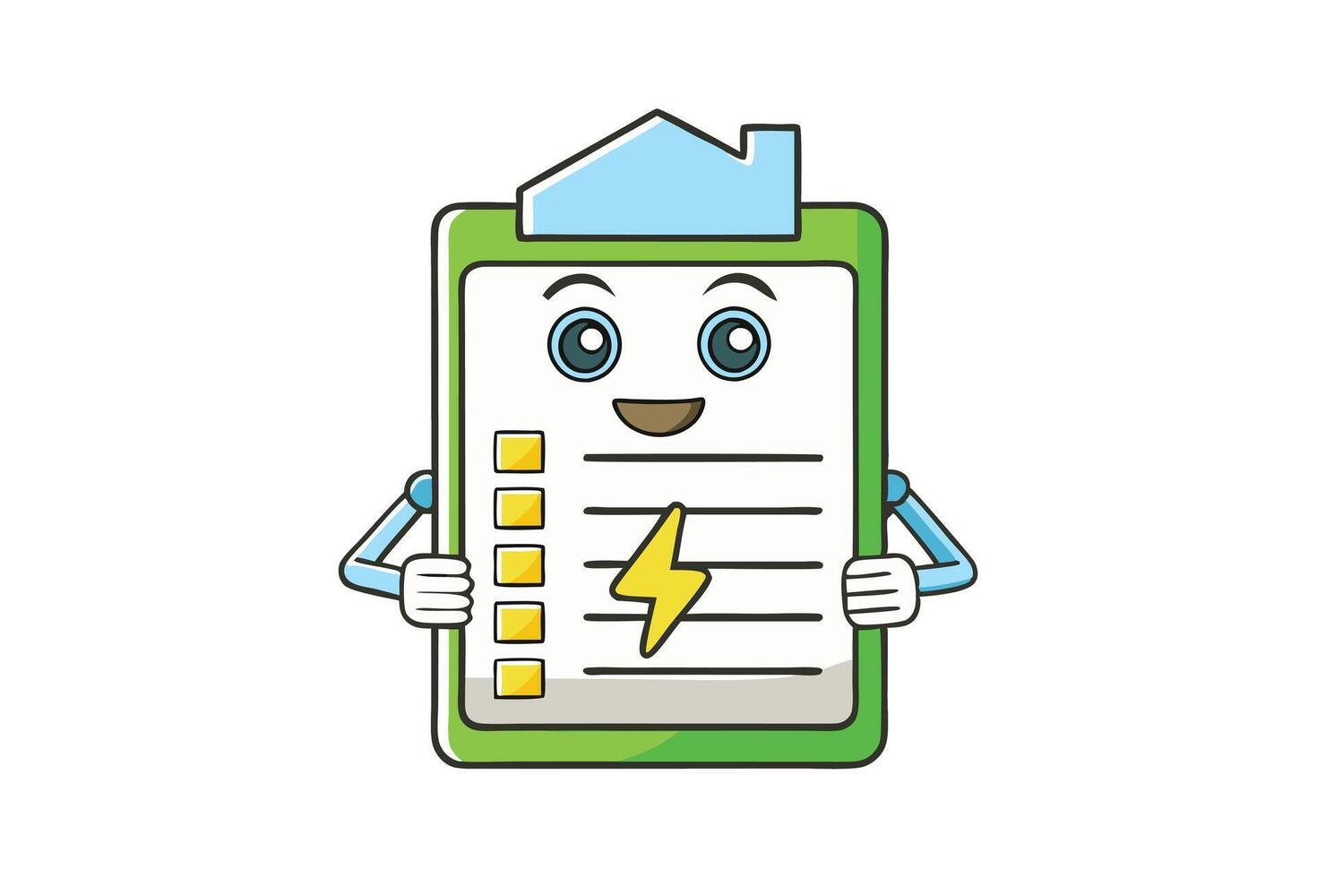 Playful energy utility bill character with power symbols, checklist, and happy expression isolated on white vector