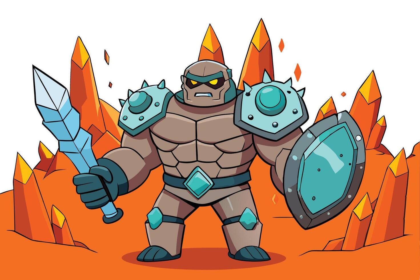 Fantasy stone hero with crystal formations and a shield, standing amidst fiery rocks in a vibrant and mystical volcanic terrain vector
