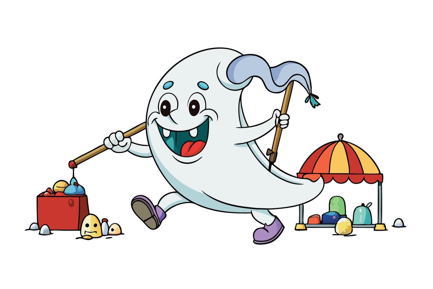 Playful cloud shaped ghost carrying colorful tools and enjoying a festive activity in a whimsical and cheerful cartoon style scene vector
