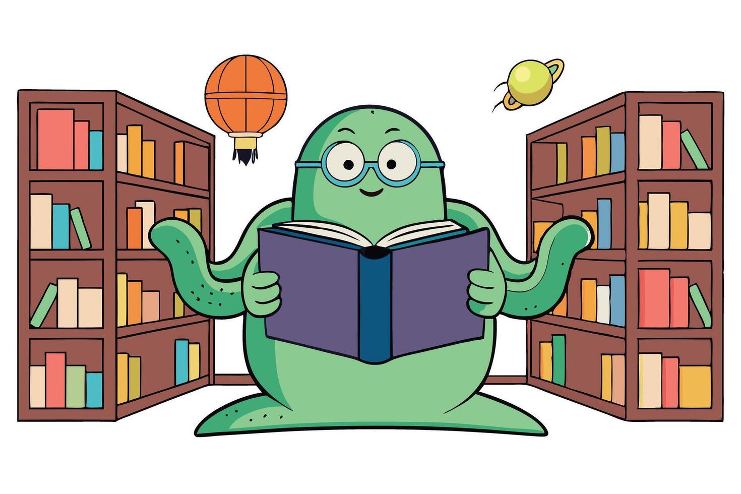 Four armed alien librarian in glasses holding an open book, surrounded by bookshelves and floating objects in a fantasy library scene vector