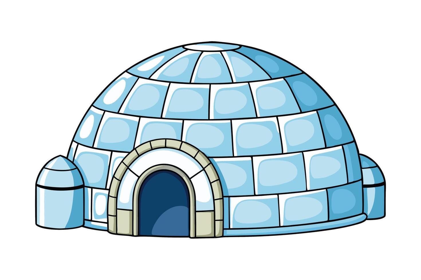 Cartoon style igloo illustration featuring a snow covered dome and ice blocks in blue shades on a white background vector