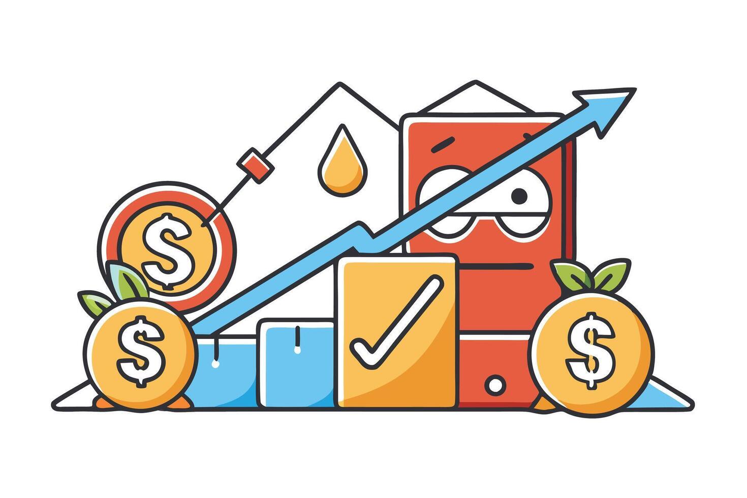 Flat illustration of financial analysis, cost reduction, and economic growth represented with colorful icons and charts vector