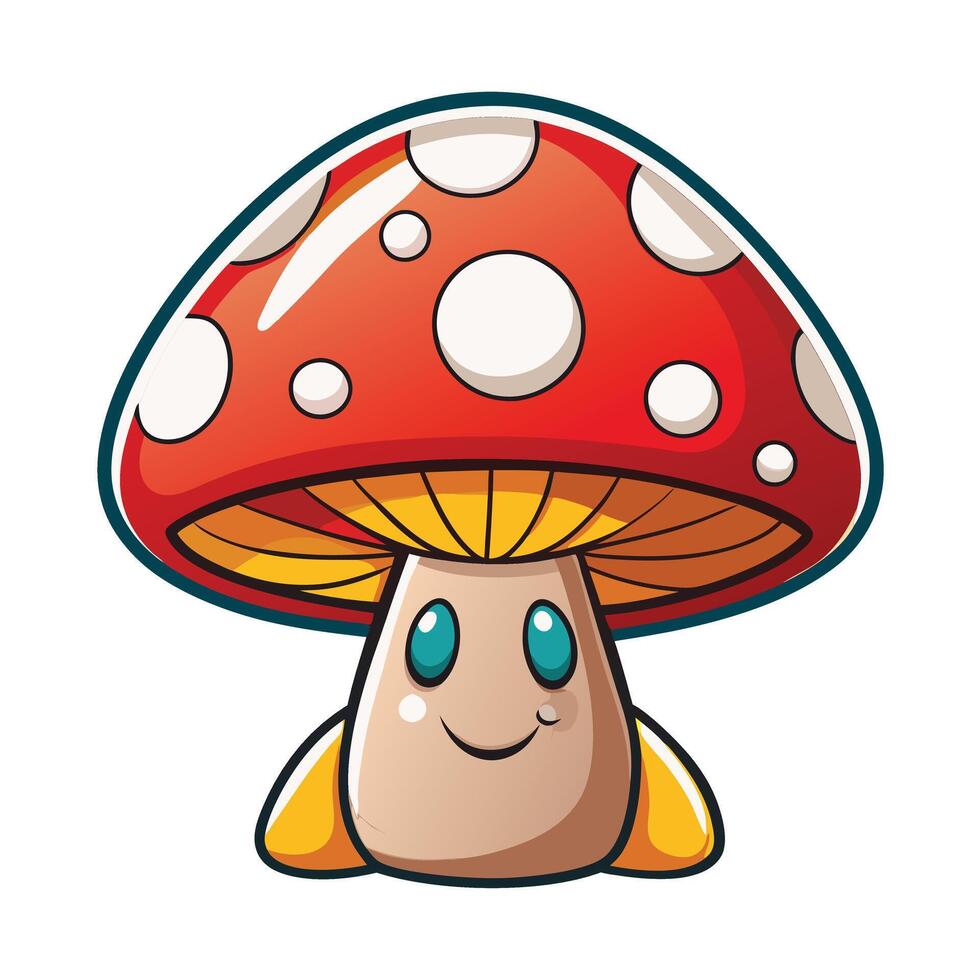 Colorful cartoon mushroom illustration with a bright red polka dot cap and whimsical design, perfect for fantasy, gaming, and childrens themes vector
