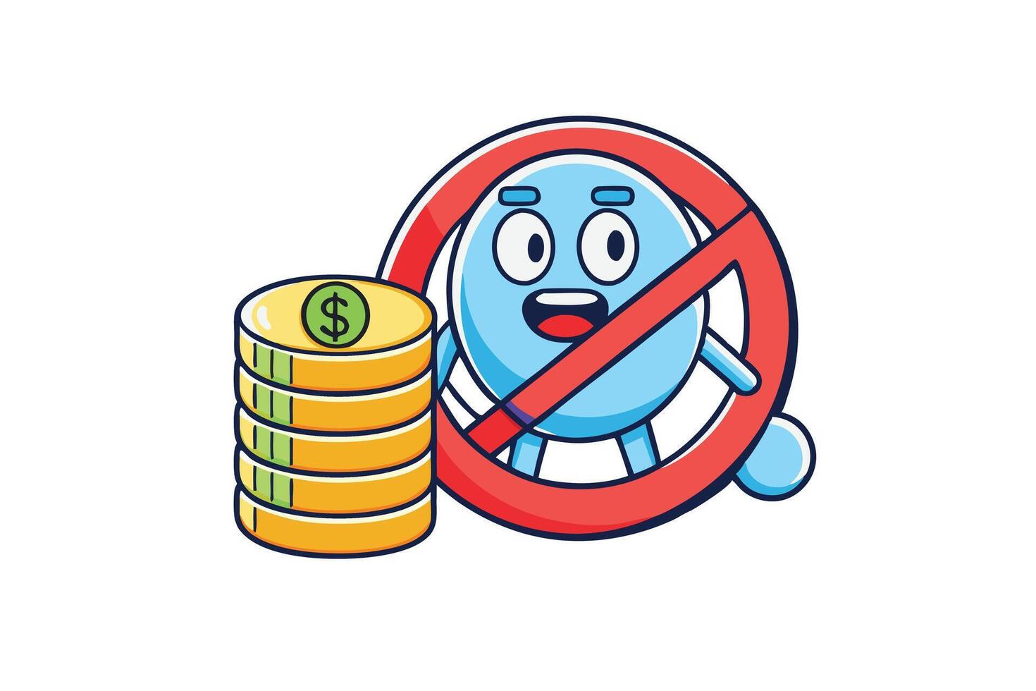 Prohibition sign over financial growth and earnings, creative cartoon design for economic crisis or business failure themes vector