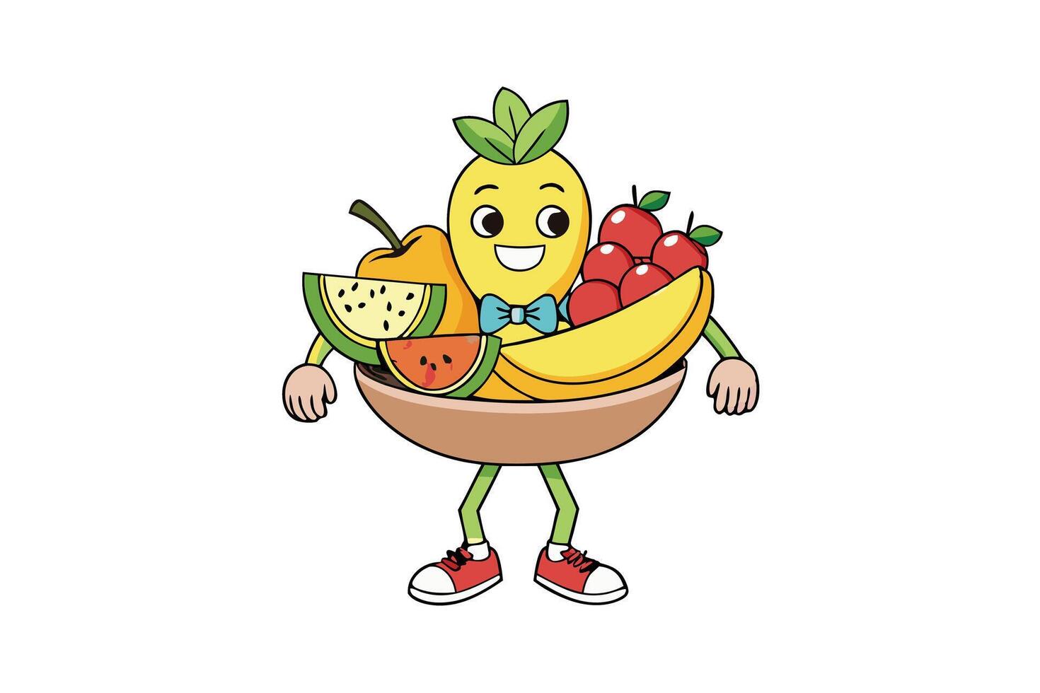 Playful fruit bowl character with hands and legs, dressed in shoes and bowtie, carrying a mix of tropical and fresh fruits in a fun style vector