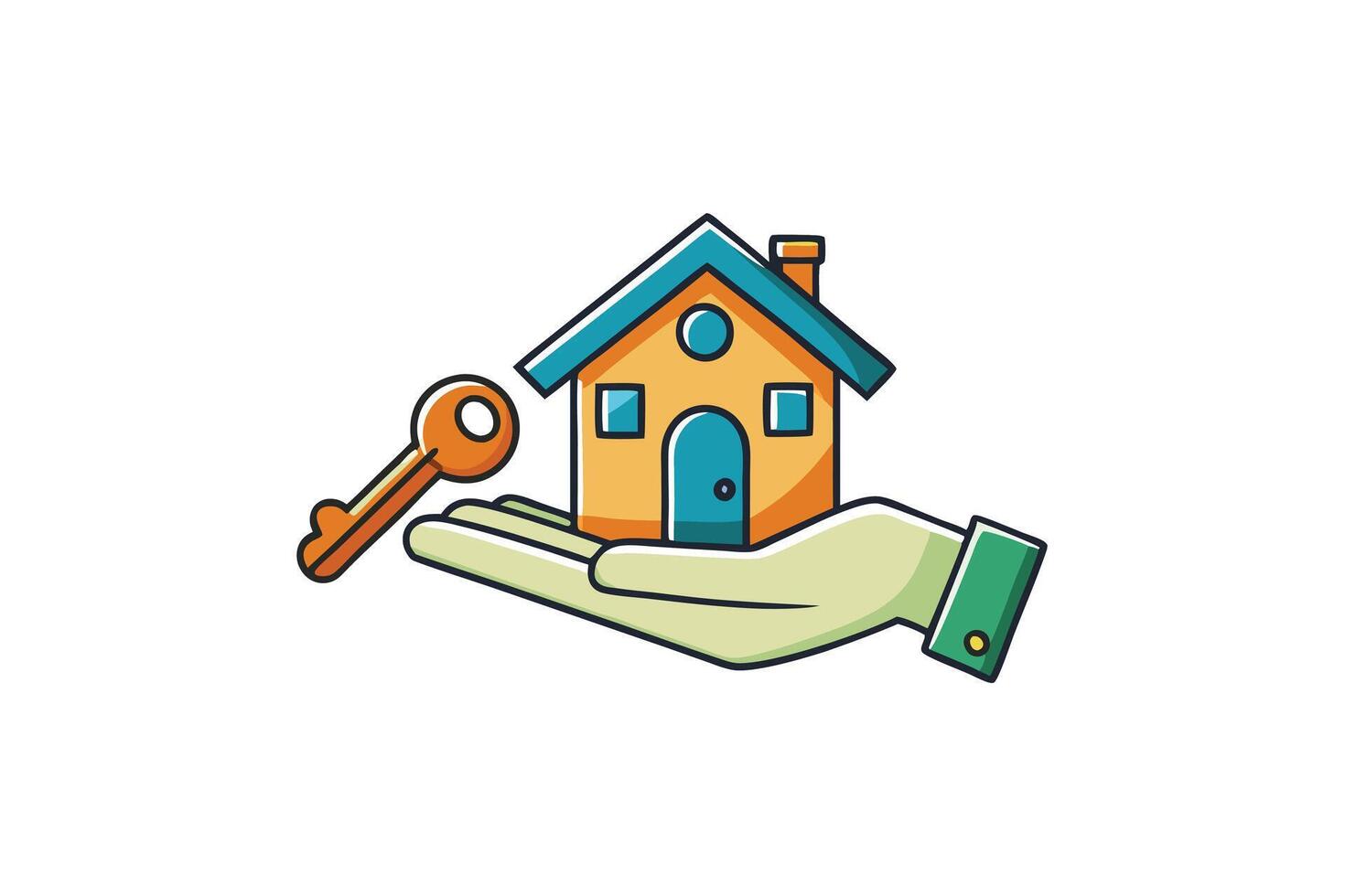 Illustration of a hand holding a house and a key, symbolizing real estate, home ownership, or property rental on a white background vector