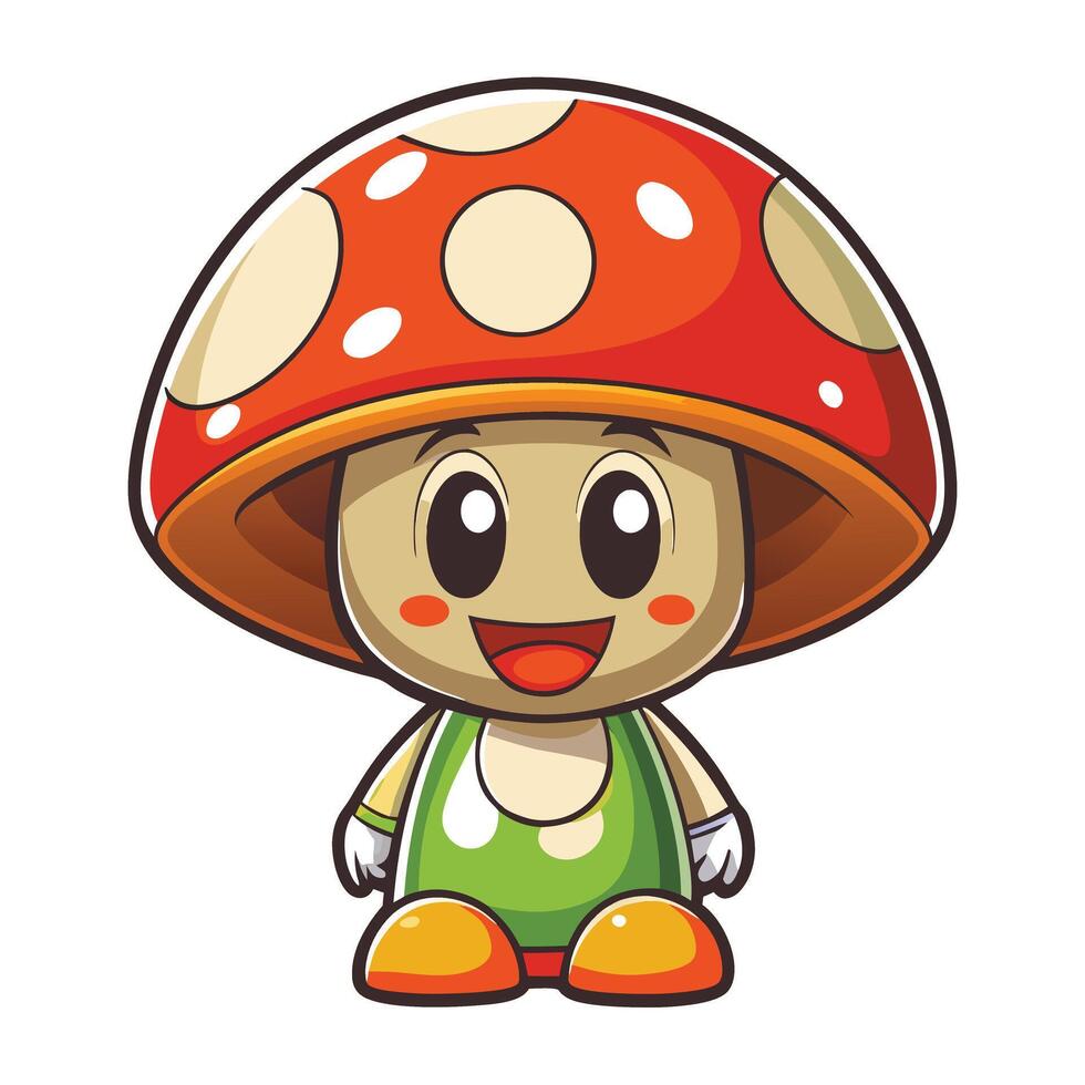 Charming cartoon style mushroom figure with a red cap and smiley face, suitable for fantasy themes, childrens stories, and creative visuals vector
