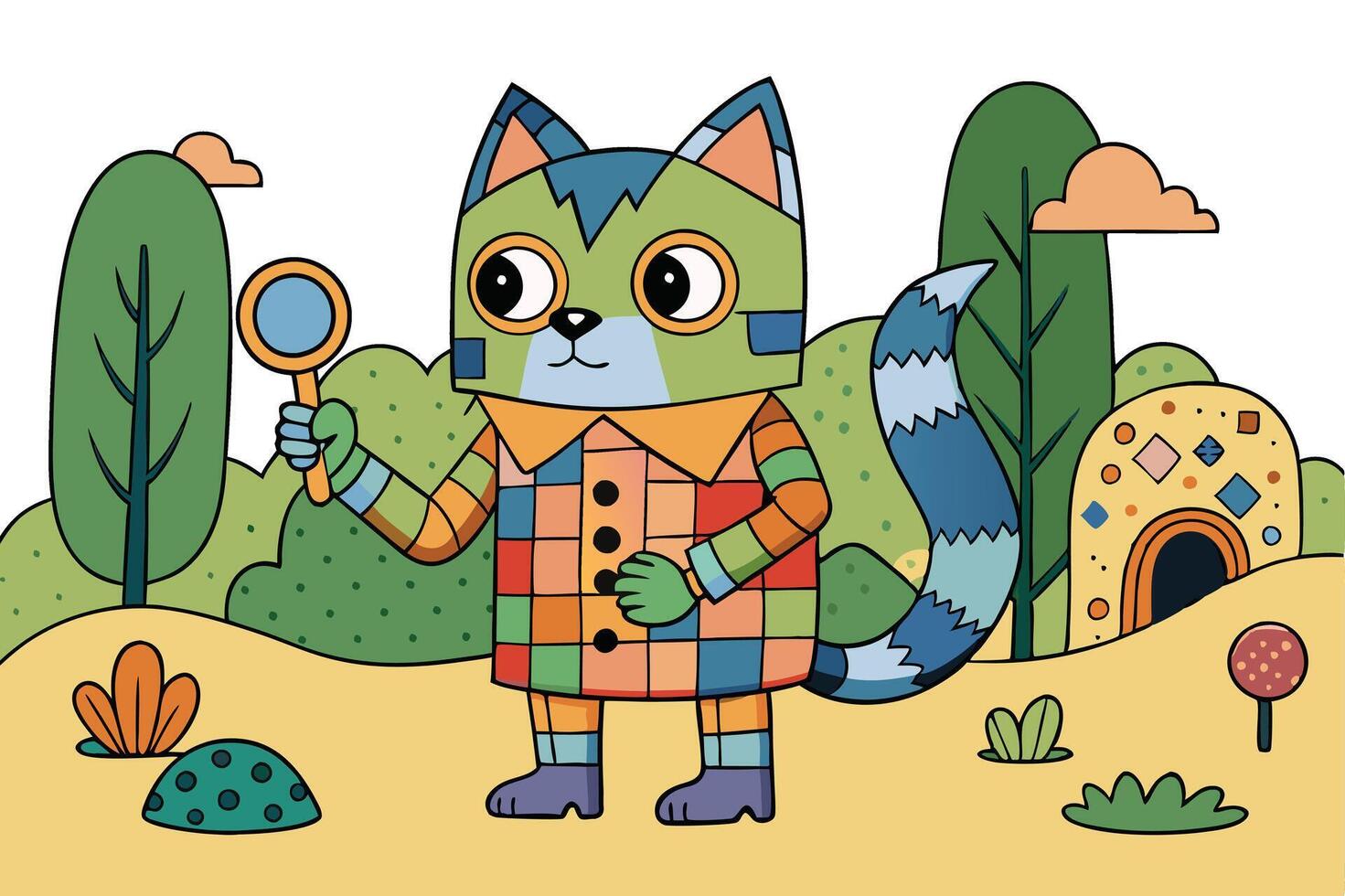 Patchwork cat with vibrant, colorful fur holding a magnifying glass in a whimsical forest surrounded by trees, mushrooms, and playful designs vector