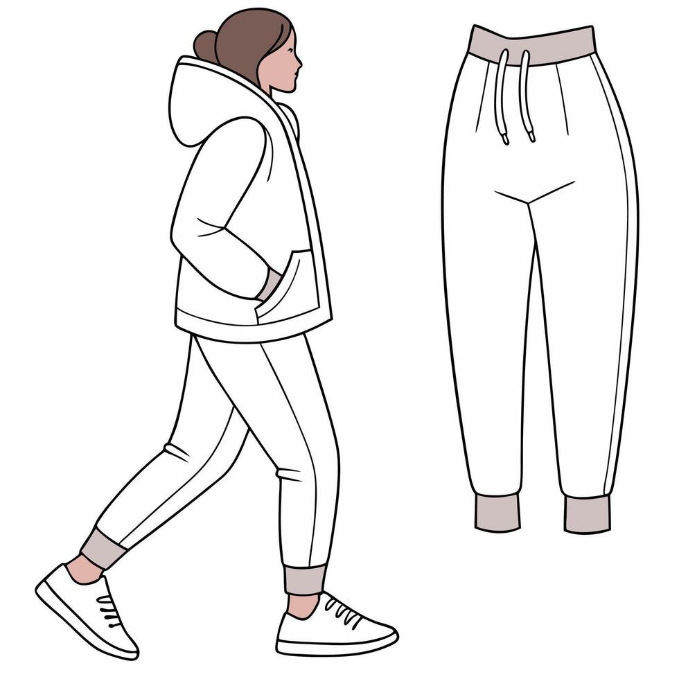 Minimalistic illustration of a woman wearing a hoodie and jogger pants, showcasing cozy winter loungewear or activewear style vector