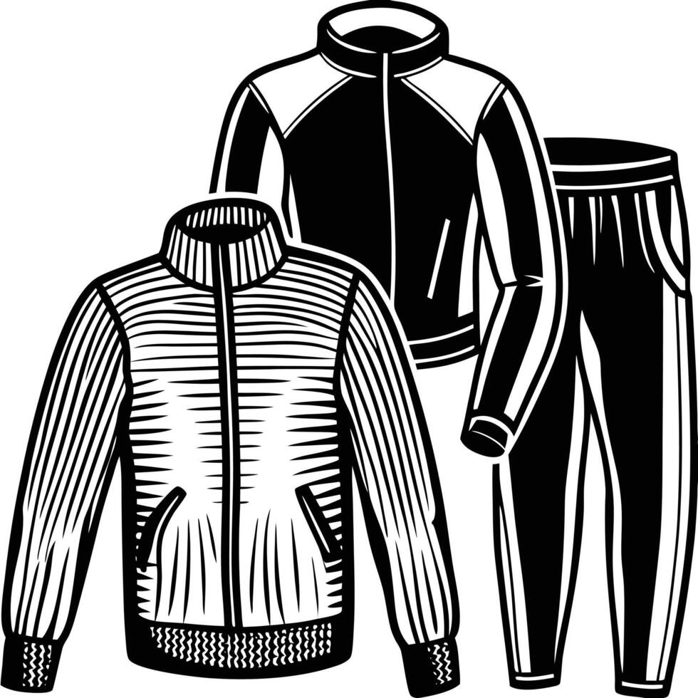 Detailed illustration of thermal clothing essentials, including jackets, pants, and socks, in a clean black and white design for winterwear themes vector