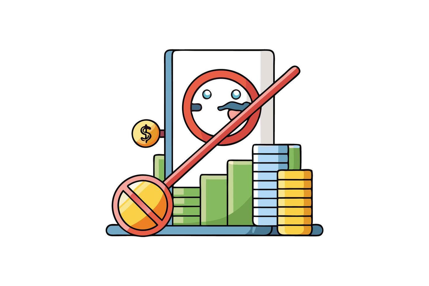 Colorful cartoon illustration of financial data and no earnings concept with prohibition signs, ideal for economic and business visuals vector
