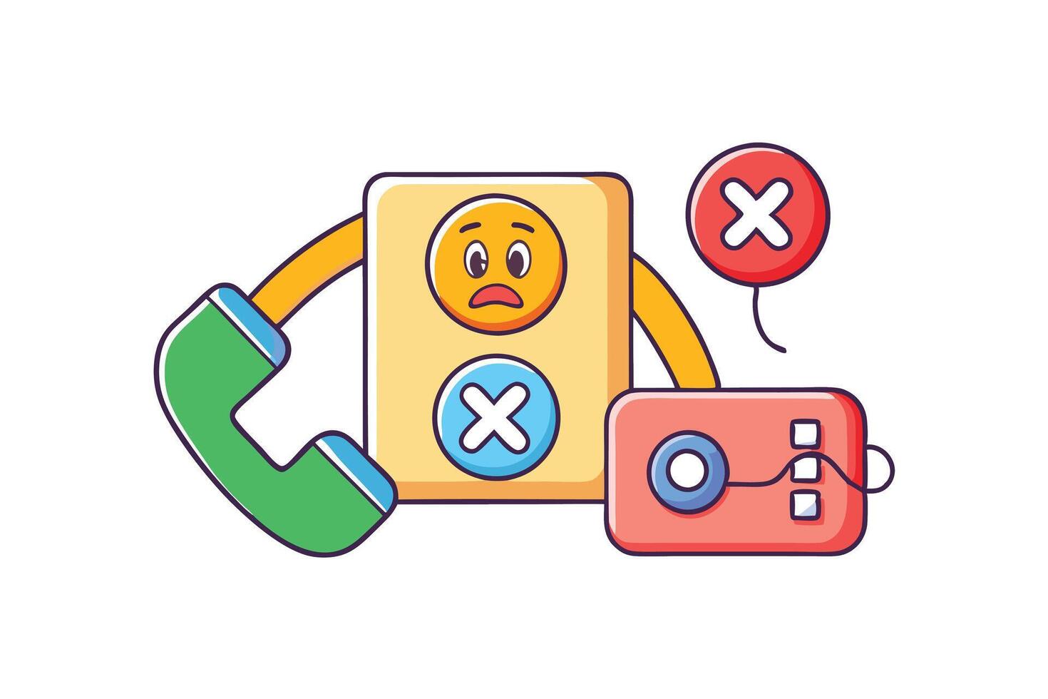 Playful illustrations of phone call icons with colorful, animated designs for answering and declining calls in a fun and engaging way vector