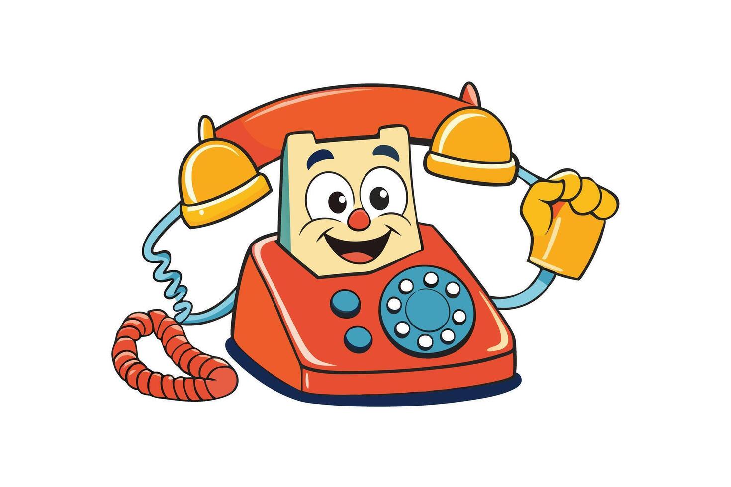 Cheerful vintage rotary phone cartoon character with a red body and blue dials isolated on white background vector