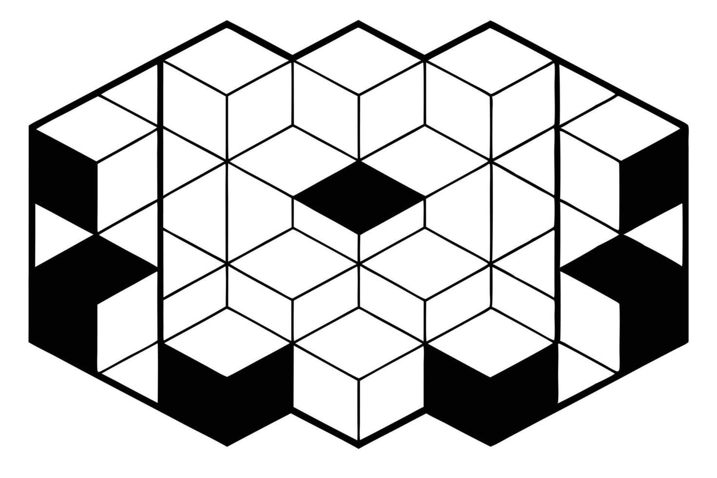 Geometric optical illusion of black and white cubes forming a 3D abstract pattern with symmetry and minimalist design vector