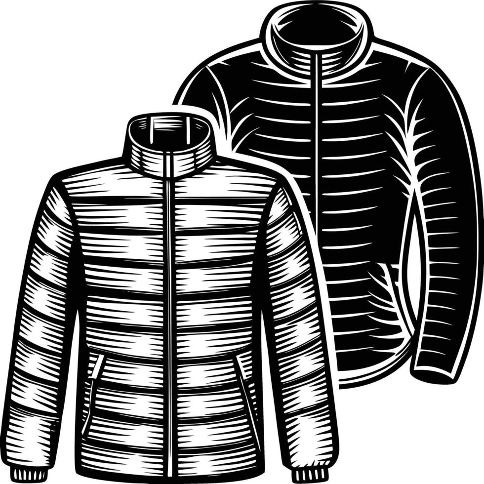 Stylized black and white illustration of thermal jackets, showcasing quilted and padded designs for winter wear and cold weather layering vector