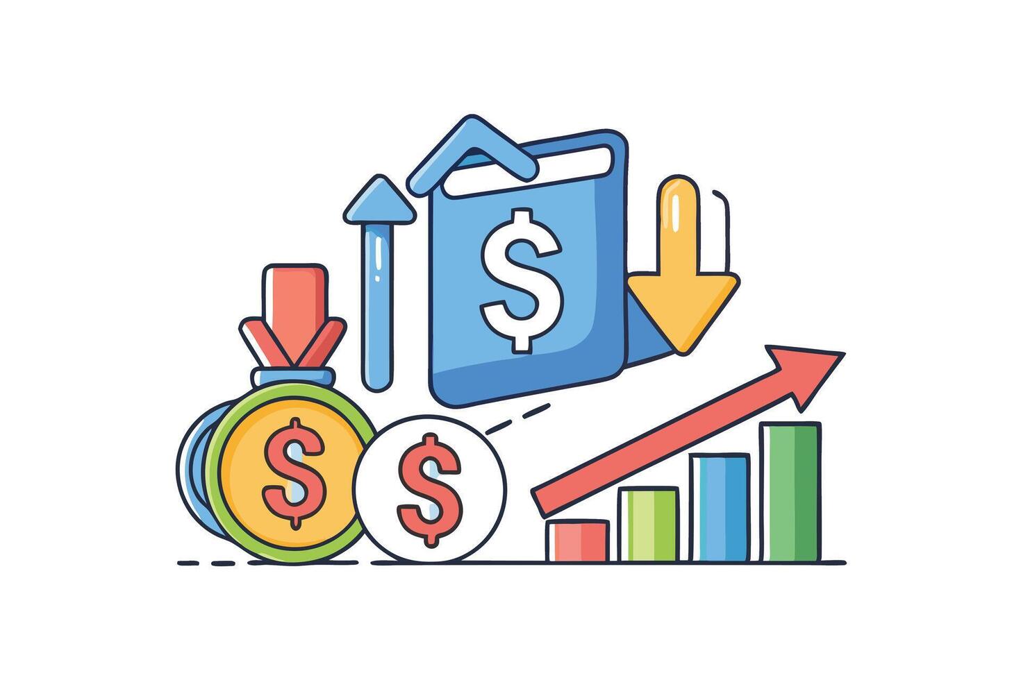 Economy and finance themed graphics featuring growth, savings, and profit management in vibrant cartoon style vector
