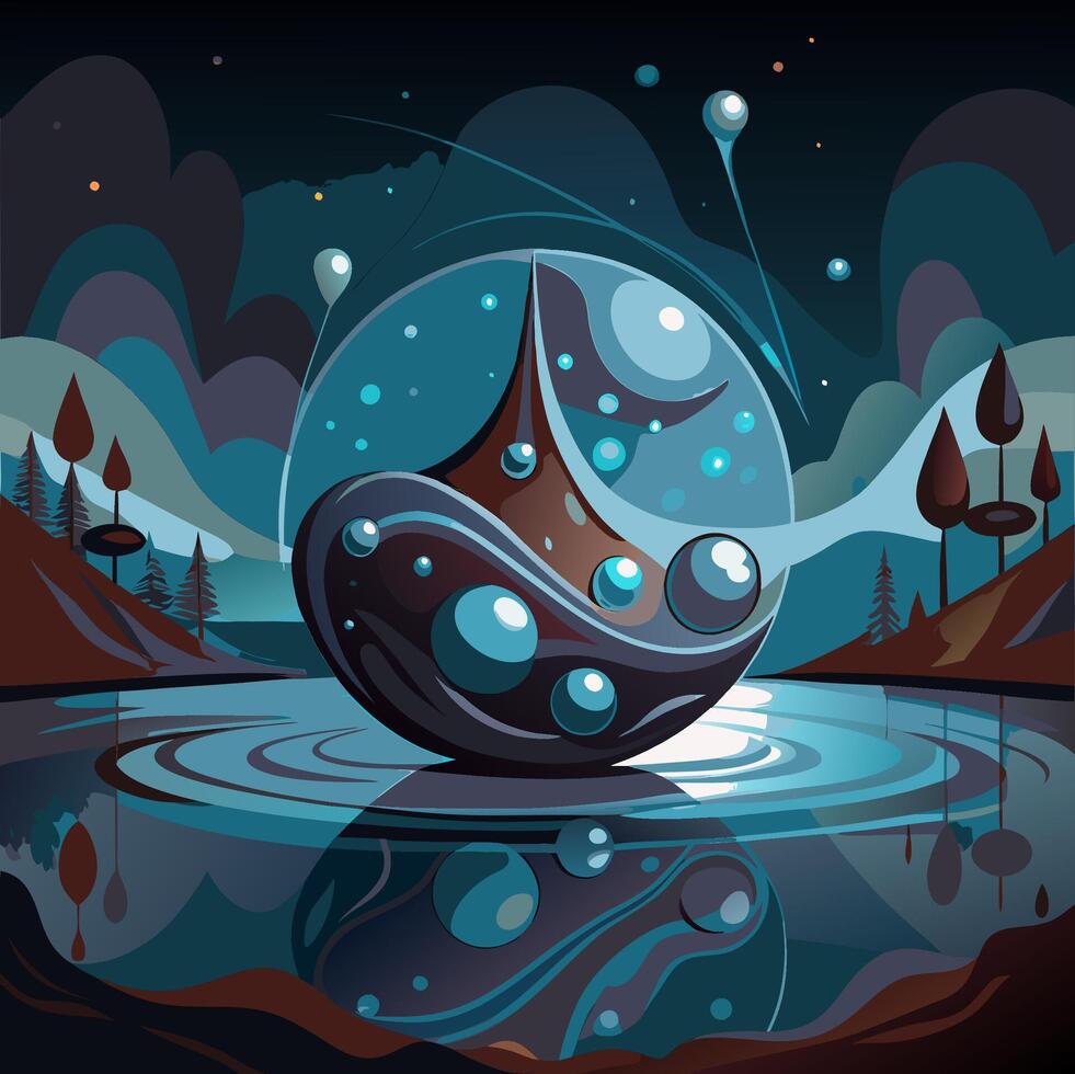 Abstract cosmic sphere floating in a mystical dark blue universe with swirling water elements vector