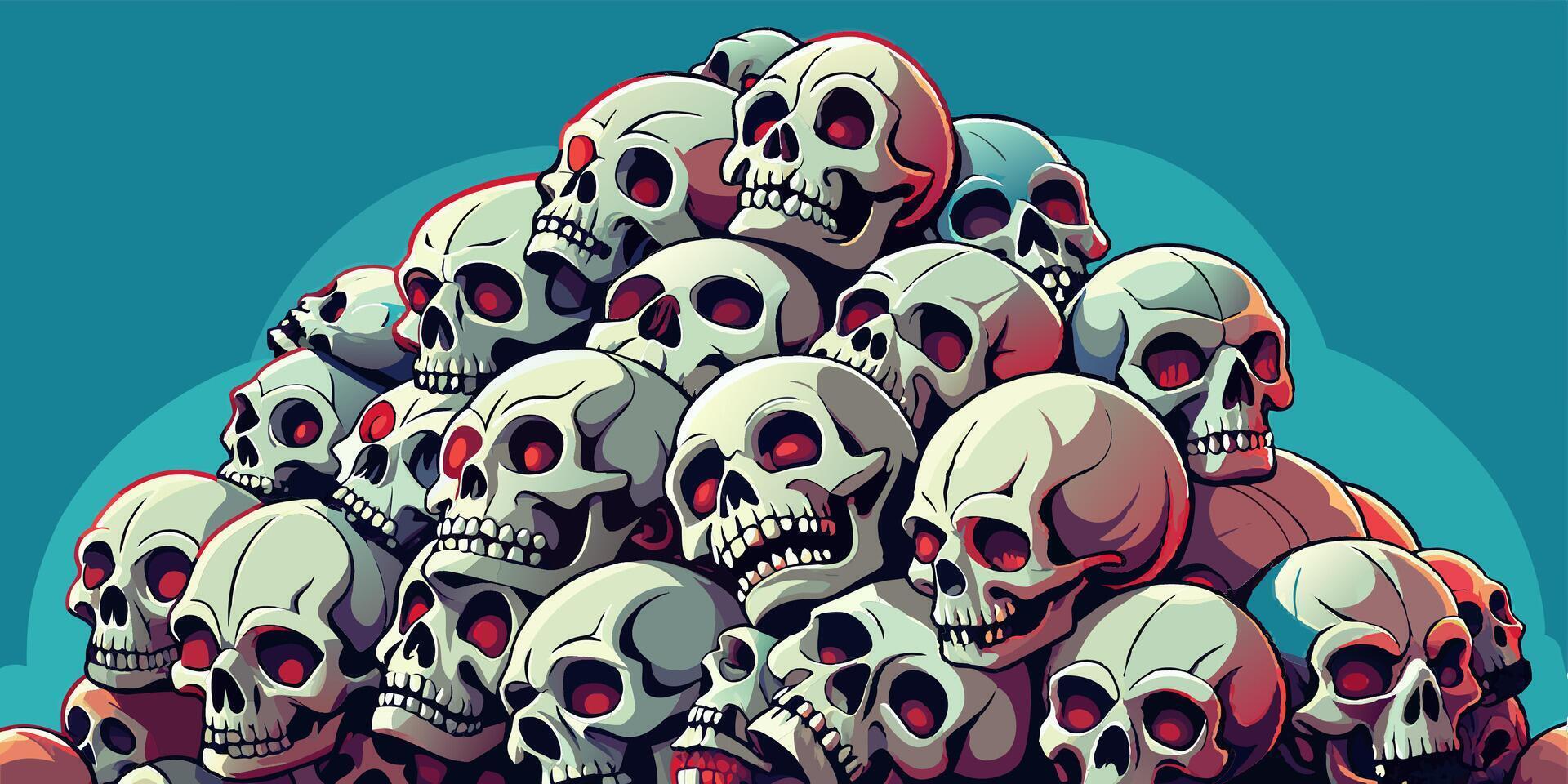Pile of Cartoon Skulls with Glowing Red Eyes on Blue Background vector