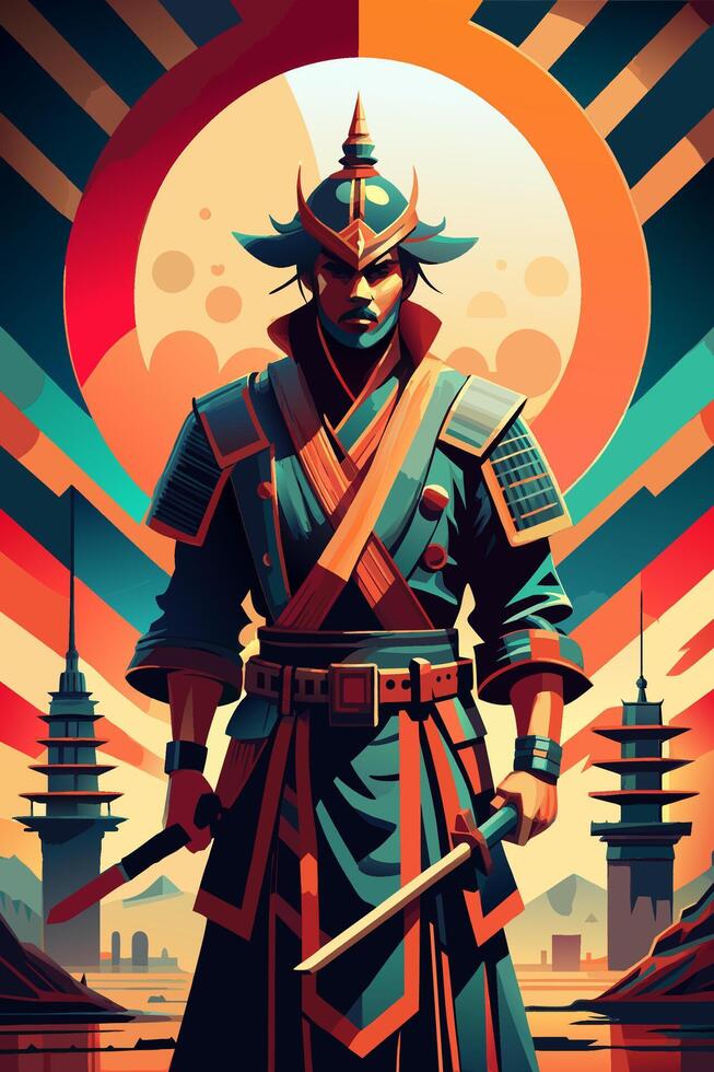 Samurai Warrior in Traditional Armor Standing Proudly Against a Backdrop of Pagodas and Mountains vector