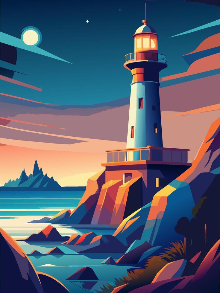 Illustration of a Majestic Lighthouse Standing Tall on a Rocky Cliff Under the Moonlit Night Sky vector