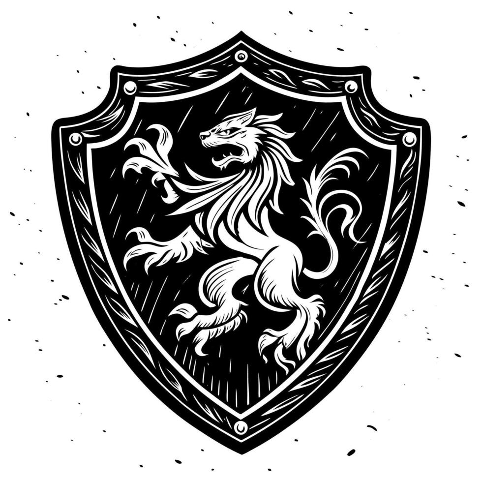 Black and White Heraldic Shield with Majestic Lion Emblem vector