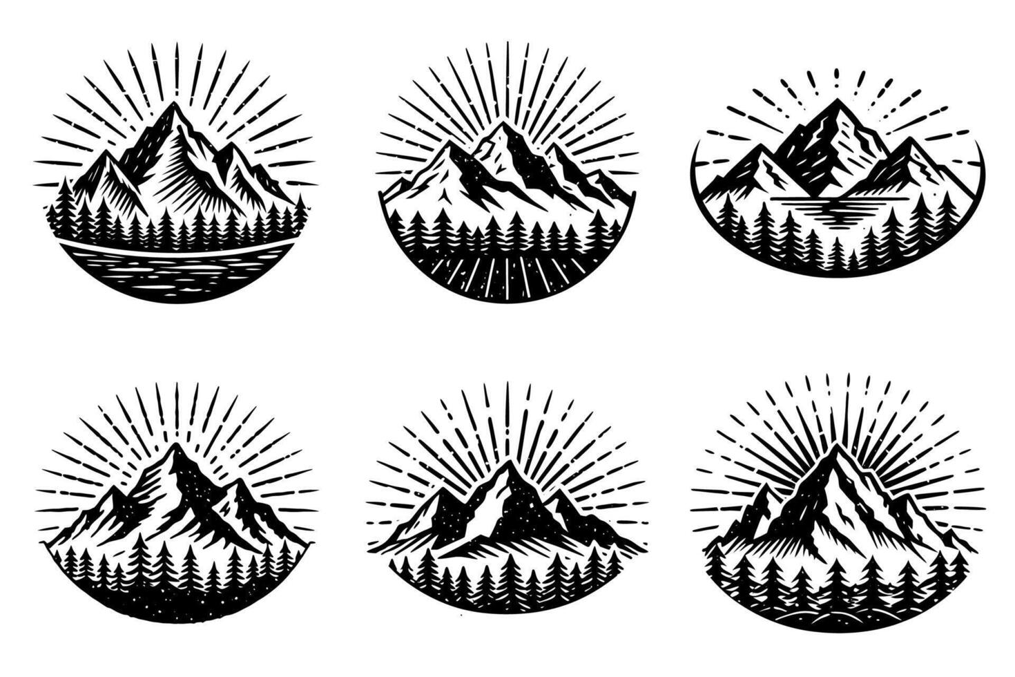 Nature-Inspired Badge Templates Featuring Mountains in Minimalist Black and White vector