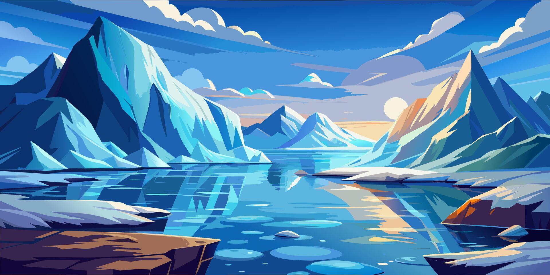 Majestic Ice Mountains with Sunset and Reflective Water Surface vector