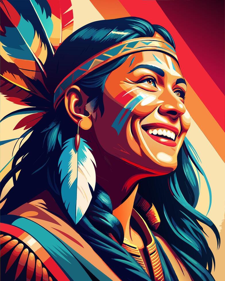 Joyful Native American Woman in Traditional Attire vector